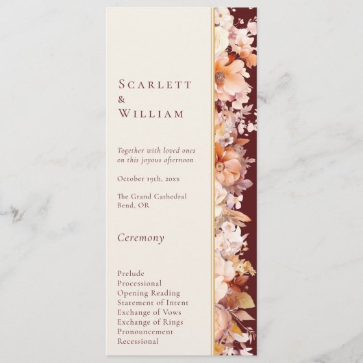 Herfst Bloemen Bourgondië Cream Moderne bruiloft Programmakaart (Voorkant)