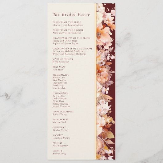 Herfst Bloemen Bourgondië Cream Moderne bruiloft Programmakaart (Achterkant)