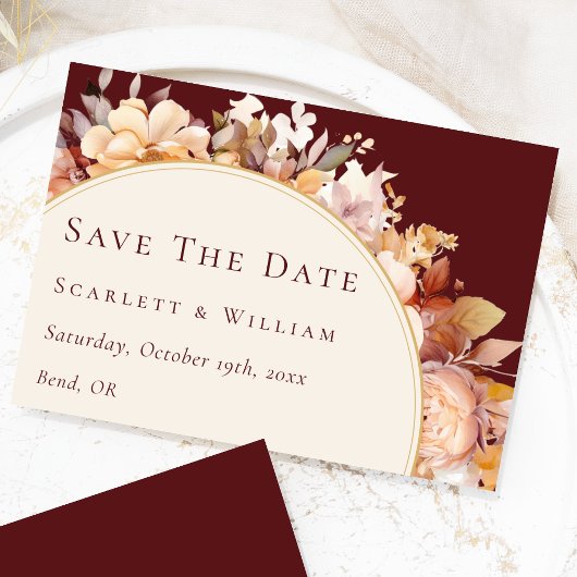 Herfst Bloemen Bourgondië Cream Moderne bruiloft Save The Date