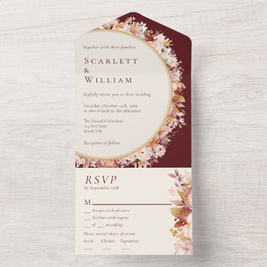 Herfst Bloemen Bourgondië Menu Keuze RSVP Bruiloft All In One Uitnodiging (Binnen)