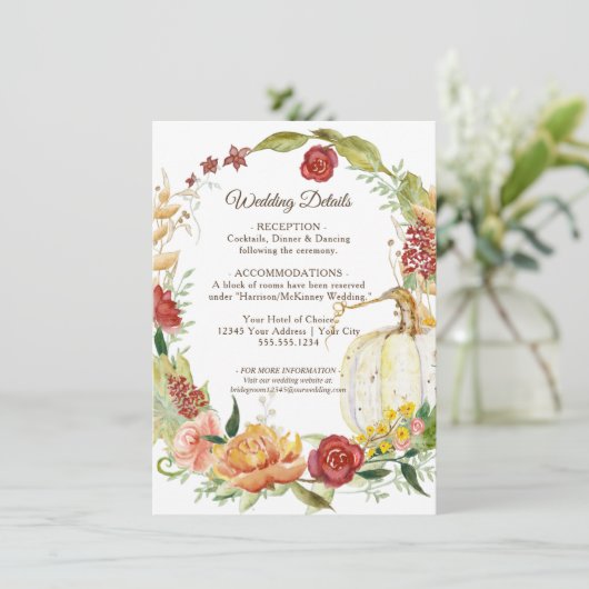 Herfst Bloemen Bourgondië Wit Pompoen Bruiloft Det Kaart (Staand voorkant)