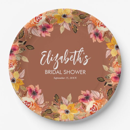 Herfst Bloemen Bruidsfeest Terracotta Papieren Bordje (Voorkant)