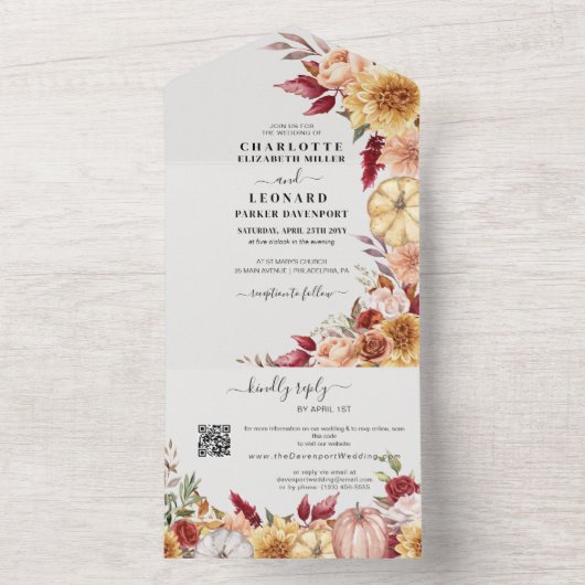 Herfst Bloemen Bruiloft QR code RSVP All In One Uitnodiging (Binnen)