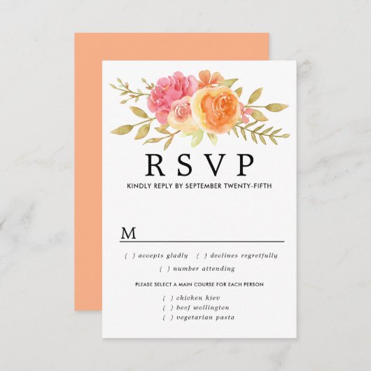 Herfst Bloemen Bruiloft RSVP Kaart, Maaltijdopties (Voorkant / Achterkant)