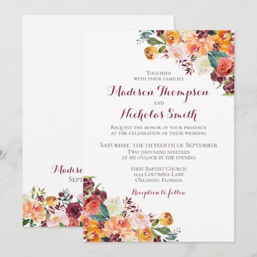 Herfst Bloemen Bruiloft Uitnodigingskaart, Oranje Kaart (Voorkant / Achterkant)