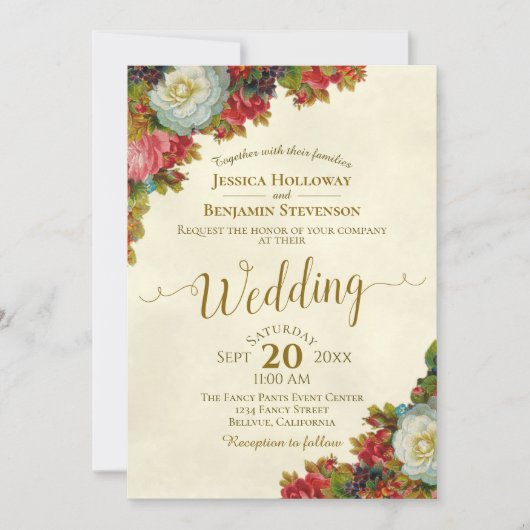 Herfst Bloemen Elegant Ivoor & Goud Bruiloft Kaart (Voorkant)