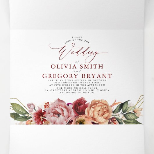 Herfst bloemen Elegant modern Botanical Wedding Drieluik Uitnodiging (Binnenkant midden)