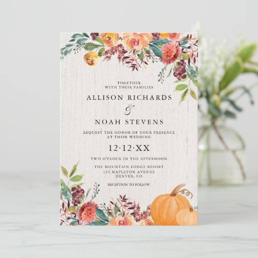 Herfst Bloemen en pompoenen waterverf bruiloft Kaart (Staand voorkant)