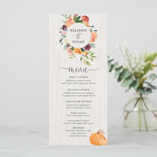 Herfst Bloemen en pompoenen waterverf menu (Staand voorkant)