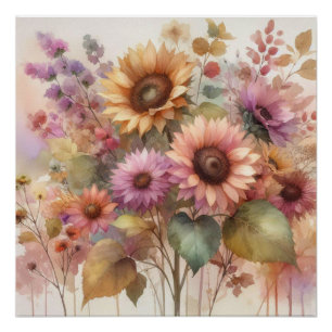 Herfst bloemen en zonnebloemen waterverf pastels perfect poster