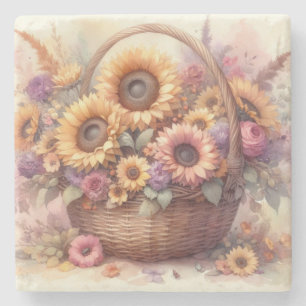 Herfst bloemen en zonnebloemen waterverf pastels stenen onderzetter