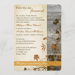 Herfst Bloemen, FAUX Hout & Perkament Bruiloft Kaart