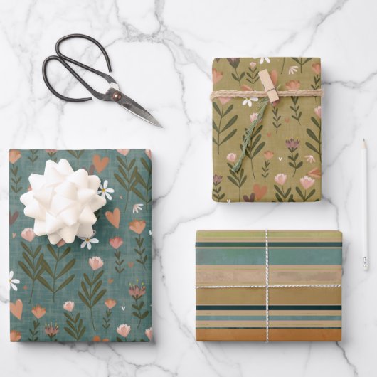 Herfst Bloemen & Gestreepte Gift Wrap Inpakpapier Vel (Voorkant)