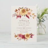 Herfst Bloemen Golden Scarlet Bladeren Bruiloft Kaart (Staand voorkant)