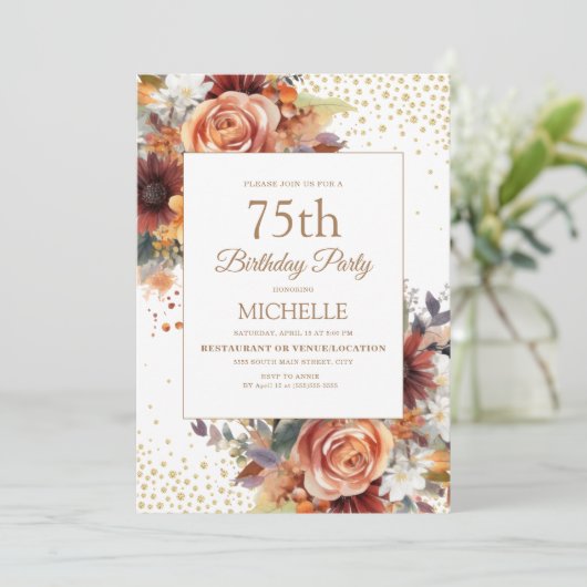 Herfst Bloemen Goud Glitter 75ste Verjaardag Kaart (Staand voorkant)