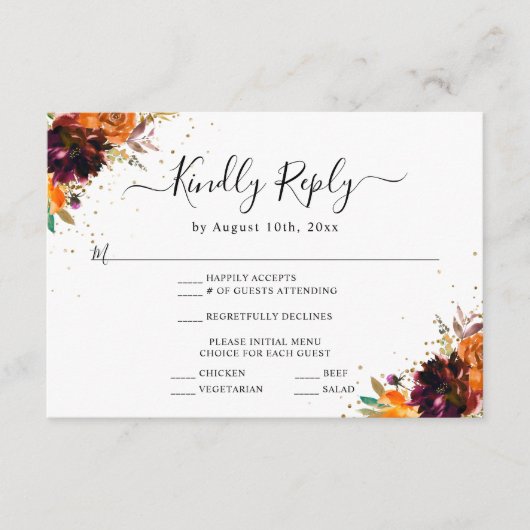 Herfst Bloemen Goud Glitter Verbrande Sinaasappel Informatiekaartje (Voorkant)