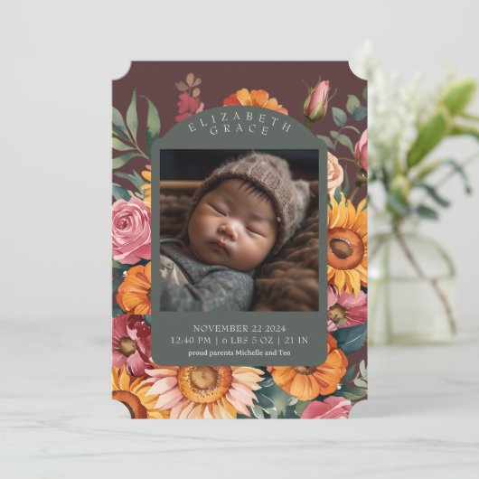 Herfst Bloemen Grens November Geboorteaankondiging Kaart (Staand voorkant)