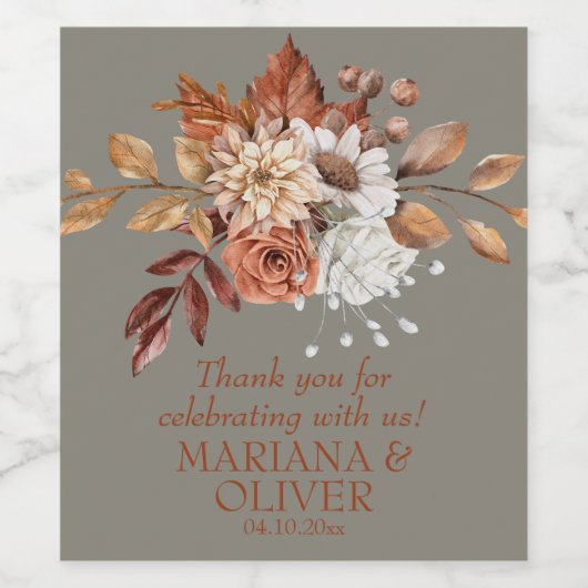 Herfst Bloemen Grijs Bruiloft Gunsten Wijn Etiket (Enkel label)
