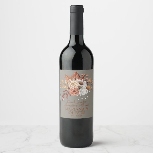 Herfst Bloemen Grijs Bruiloft Gunsten Wijn Etiket (Voorkant)