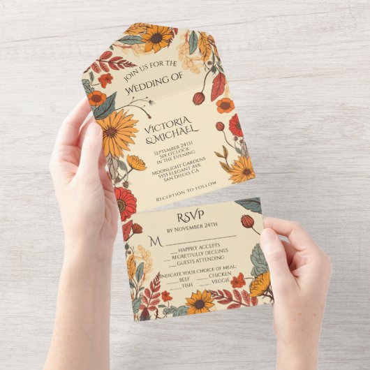 Herfst bloemen herfst bruiloft all in one uitnodiging (Afscheurbaar)