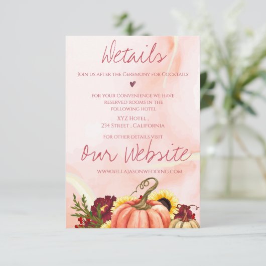 Herfst Bloemen Herfst Pompoen Bruiloft Details Informatiekaartje (Staand voorkant)