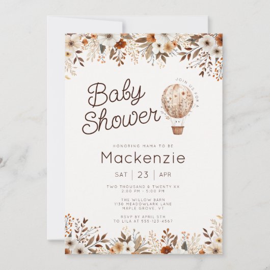Herfst Bloemen Hete Luchtballon Baby shower Kaart (Voorkant)