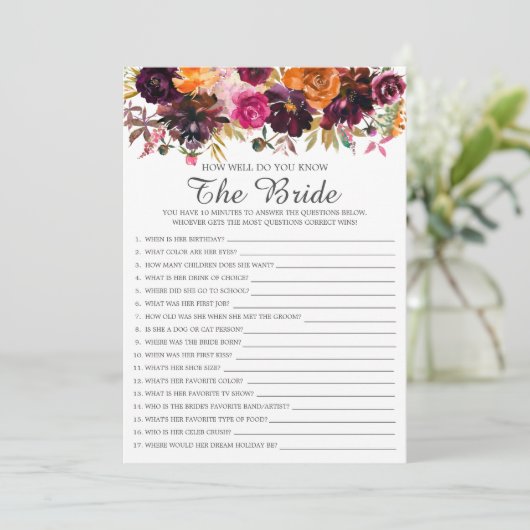 Herfst Bloemen Hoe goed ken je het bruidsspel Kaart (Staand voorkant)