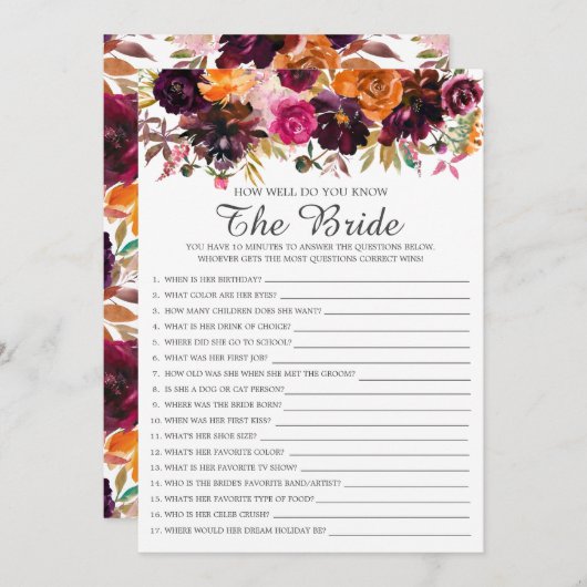 Herfst Bloemen Hoe goed ken je het bruidsspel Kaart (Voorkant / Achterkant)
