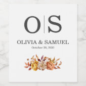 Herfst Bloemen Huwelijk Monogram Personaliseren Fl Wijn Etiket (Enkel label)