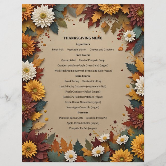 Herfst Bloemen Menu Uitnodiging Briefhoofd (Voorkant)