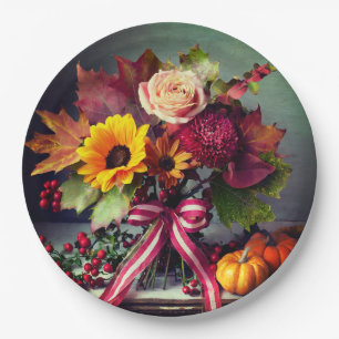 Herfst Bloemen met Boog, 9" Ronde Papieren Borden Papieren Bordje