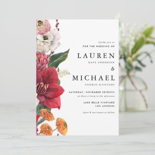 Herfst Bloemen Met Rode Amaryllis QR Code Trouwen Kaart (Staand voorkant)