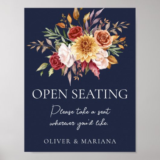 Herfst Bloemen Navy Blue Bruiloft Open Zitting Sig Poster (Voorkant)