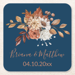 Herfst Bloemen Navy Blue Square Paper Onderzetter