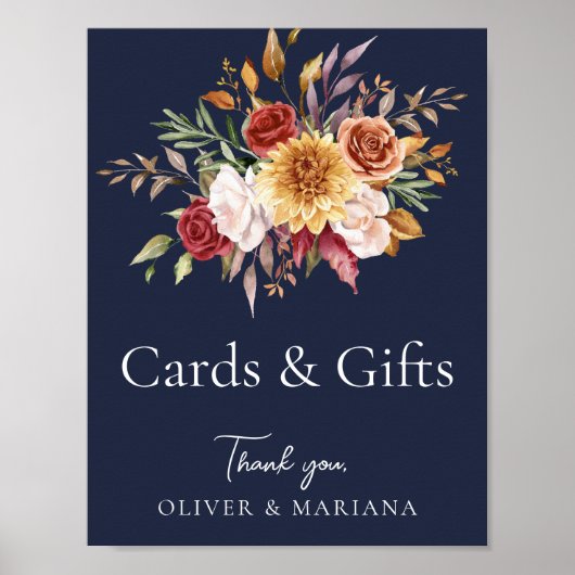 Herfst Bloemen Navy Blue Trouwkaarten & cadeaubord Poster (Voorkant)