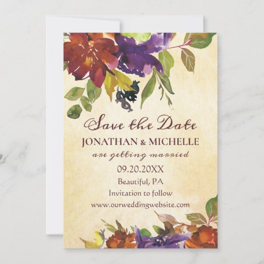 Herfst Bloemen Paarse Oranje Inspirerend bruiloft Save The Date (Voorkant)