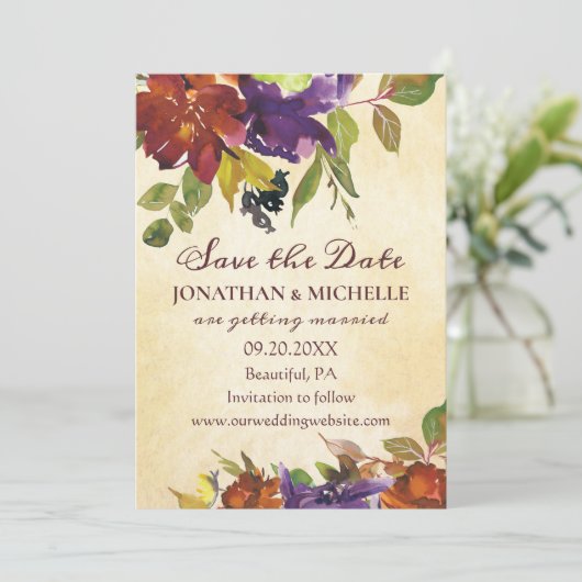 Herfst Bloemen Paarse Oranje Inspirerend bruiloft Save The Date (Staand voorkant)