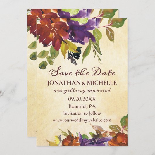 Herfst Bloemen Paarse Oranje Inspirerend bruiloft Save The Date (Voorkant / Achterkant)