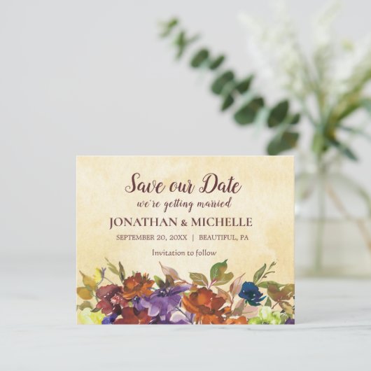Herfst Bloemen Paarse Verbrande Sinaasappel Gele B Save The Date (Staand voorkant)