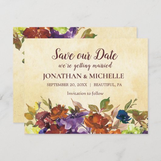 Herfst Bloemen Paarse Verbrande Sinaasappel Gele B Save The Date (Voorkant / Achterkant)