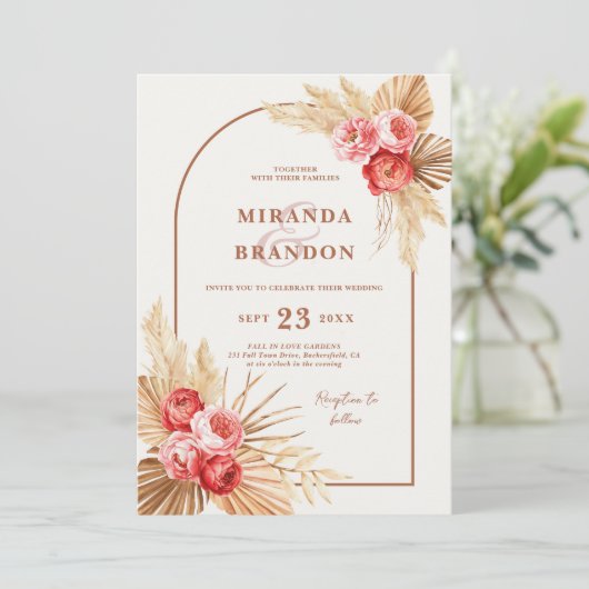 Herfst Bloemen Pampas Gras Bruiloft Kaart (Staand voorkant)