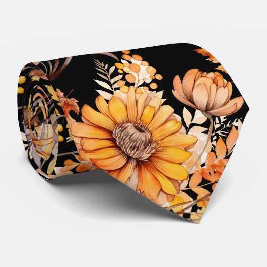 Herfst Bloemen Patroon B01 Zwart BG Stropdas (Opgerold)