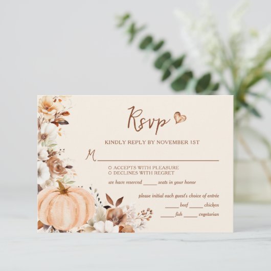 Herfst Bloemen Pompoen Bruiloft RSVP Kaartje (Staand voorkant)