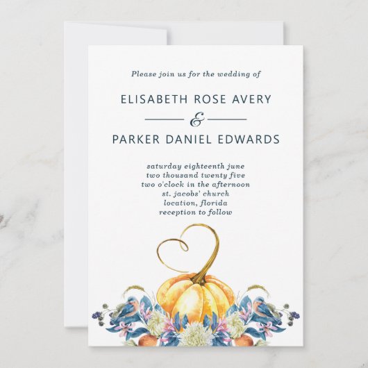 Herfst Bloemen Pompoen Hart Bruiloft Uitnodiging (Voorkant)