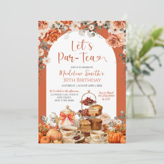 Herfst Bloemen Pompoen Let's Par Tea Verjaardagsfe Kaart (Staand voorkant)