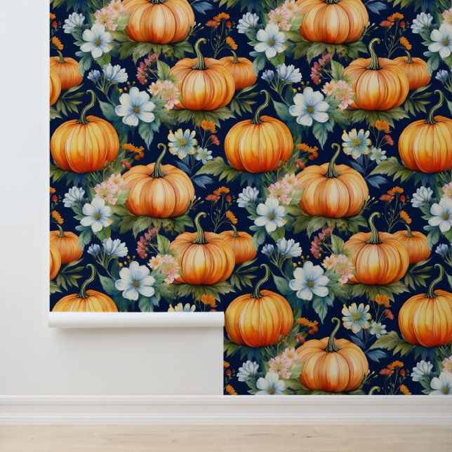 Herfst Bloemen Pompoen Patch op Donkerblauw Behang (Applicatie)