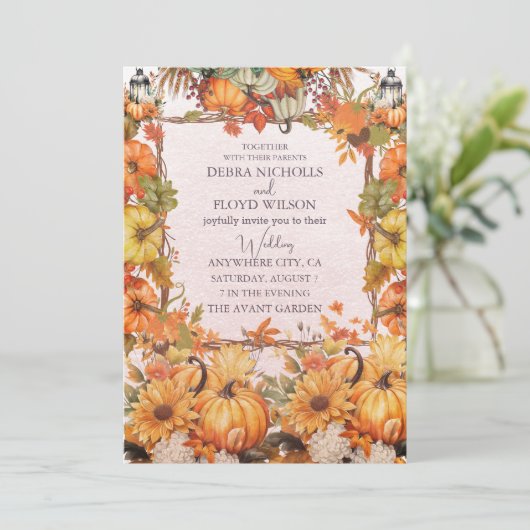 Herfst Bloemen Pompoen Scrip Bruiloft Kaart (Staand voorkant)