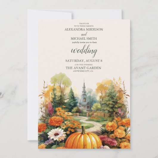 Herfst Bloemen Pompoen Scrip Bruiloft Kaart (Voorkant)