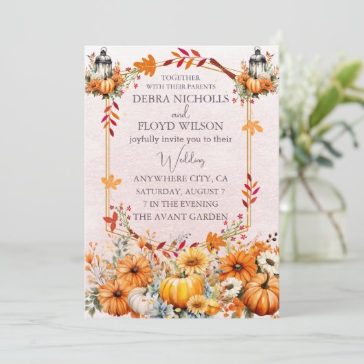 Herfst Bloemen Pompoen Scrip bruiloft uitnodiging (Staand voorkant)