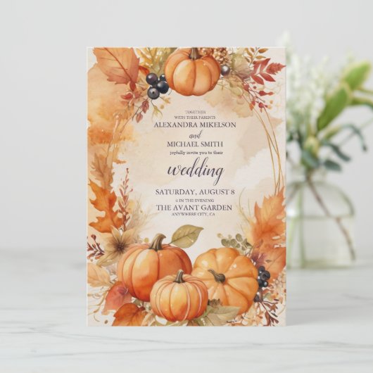 Herfst Bloemen Pompoen Scrip bruiloft uitnodiging (Staand voorkant)